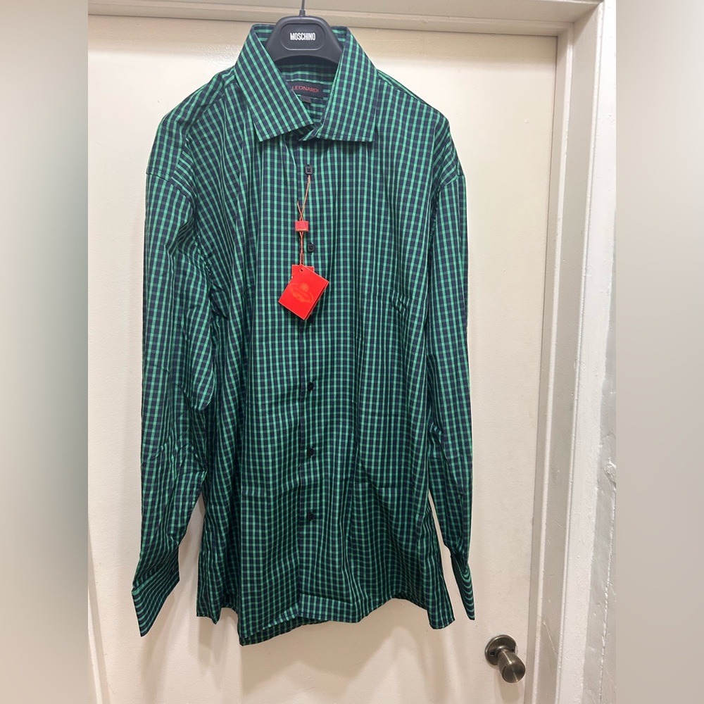 NEW Leonardi Dress Shirt XL Mens Gingham Check Blue Green Cotton $169